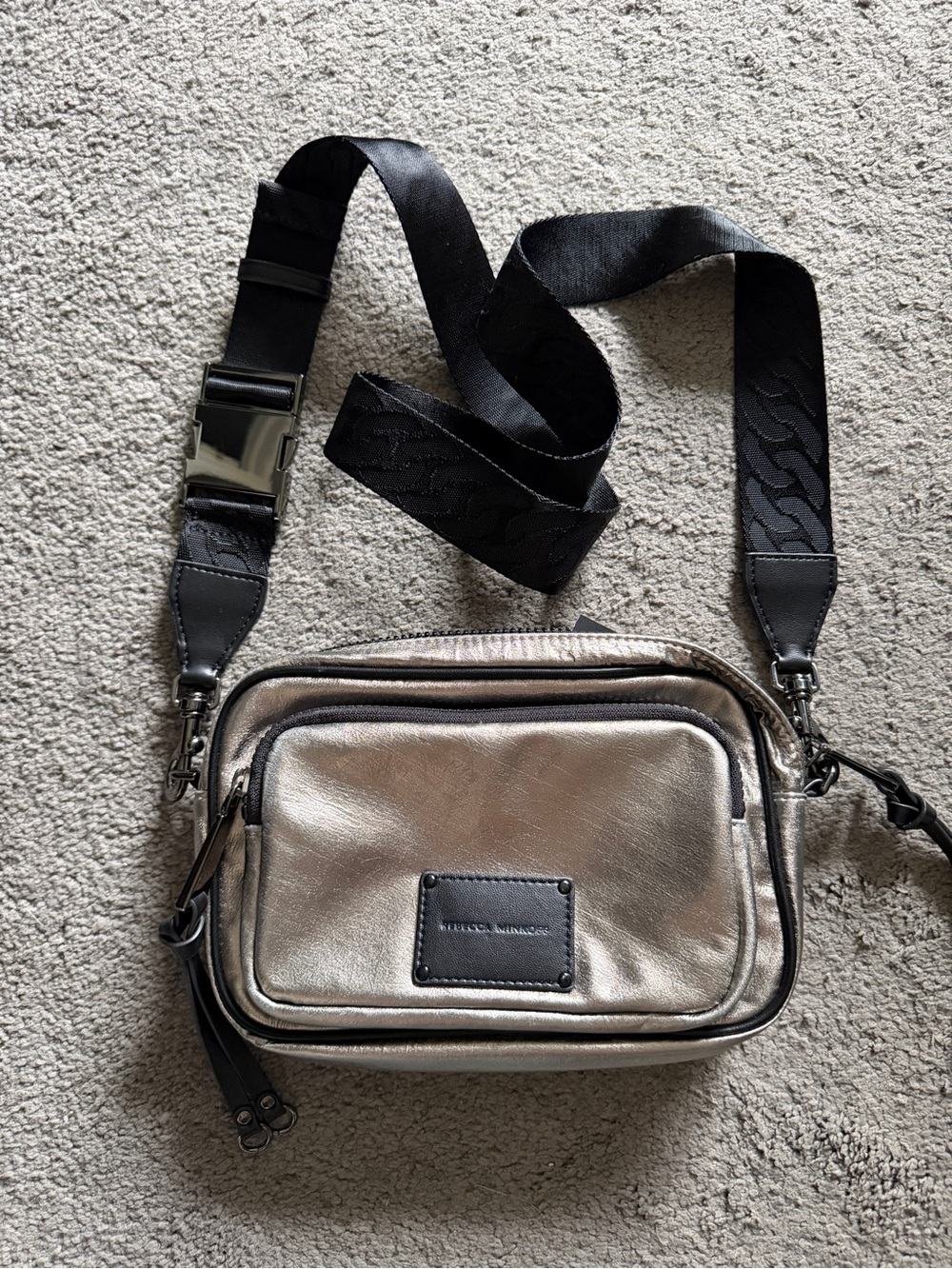 Rebecca Minkoff Metallic Silver Crossbody Bag with Black Strap